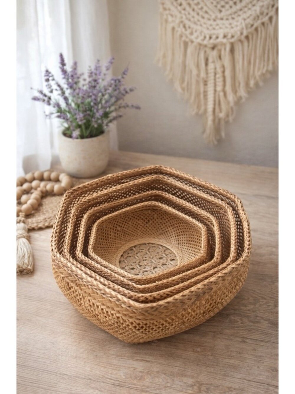 Handmade Woven Rattan Nesting Baskets Star Bottom Boho Farmhouse Decor Set Of 4